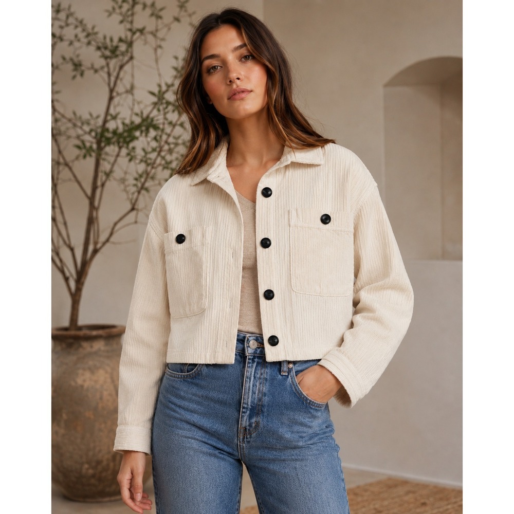 Zara Corduroy Jacket Women's Sz S‎ Cream Cropped Oversized 100% Cotton